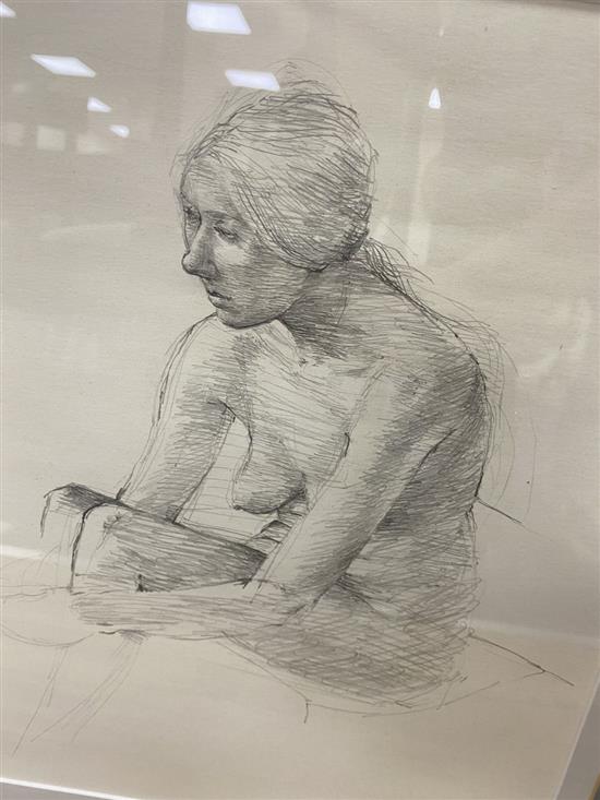 Betty Swanwick RA (1915-1989), pencil drawing, seated nude and a similar drawing by another hand, largest 51 x 32cm